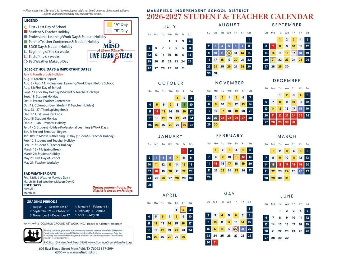 Mansfield ISD 2026–2027 academic calendar
