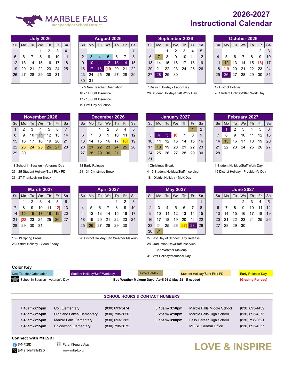 Marble Falls ISD 2026–2027 academic calendar