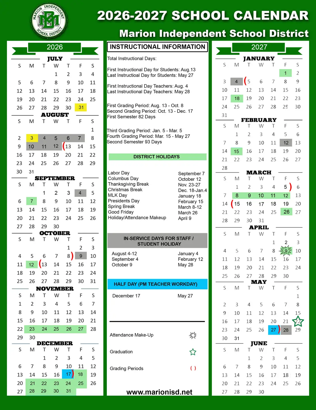 Marion ISD 2026–2027 academic calendar