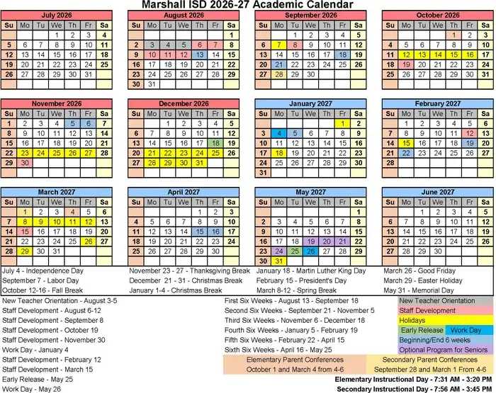 Marshall ISD 2026–2027 academic calendar