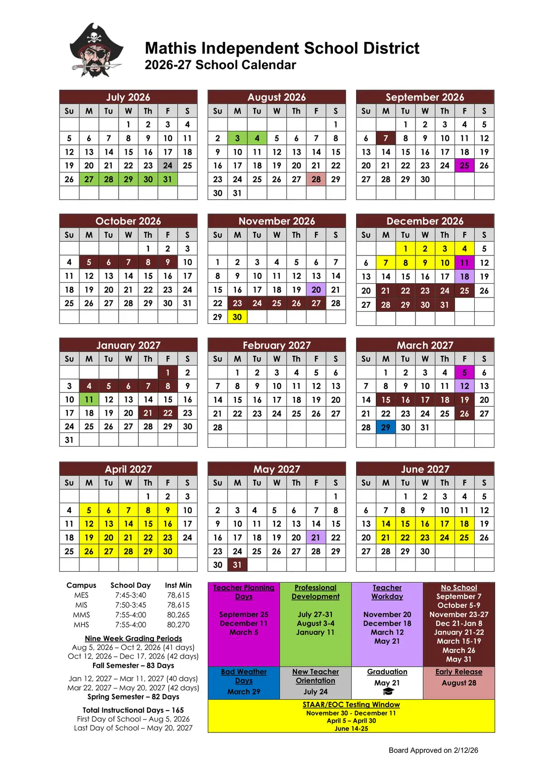 Mathis ISD 2026–2027 academic calendar