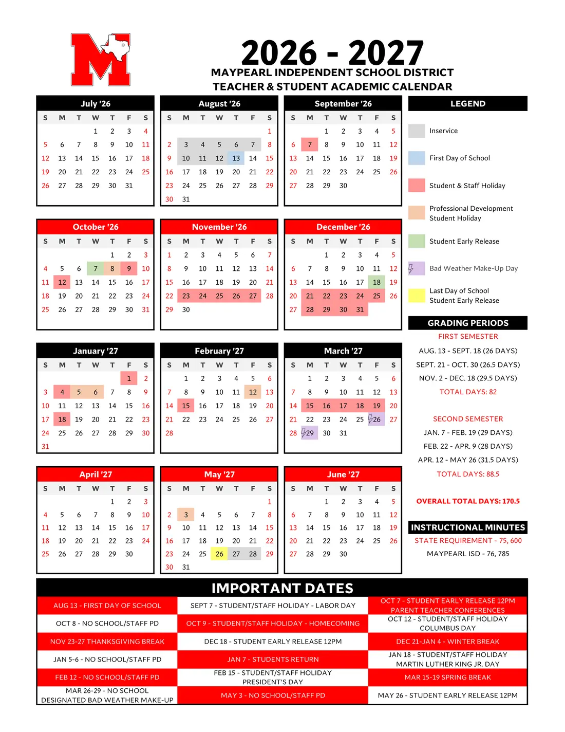 Maypearl ISD 2026–2027 academic calendar