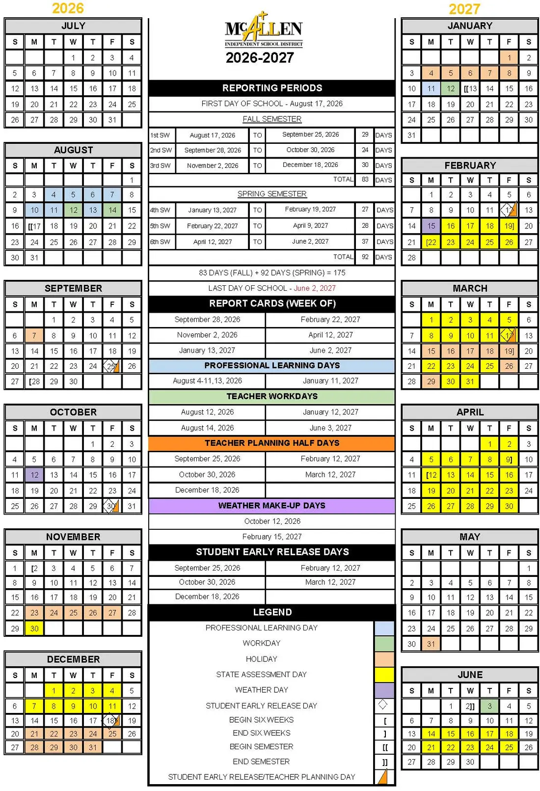 Mcallen ISD 2026–2027 academic calendar
