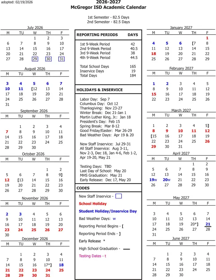 Mcgregor ISD 2026–2027 academic calendar