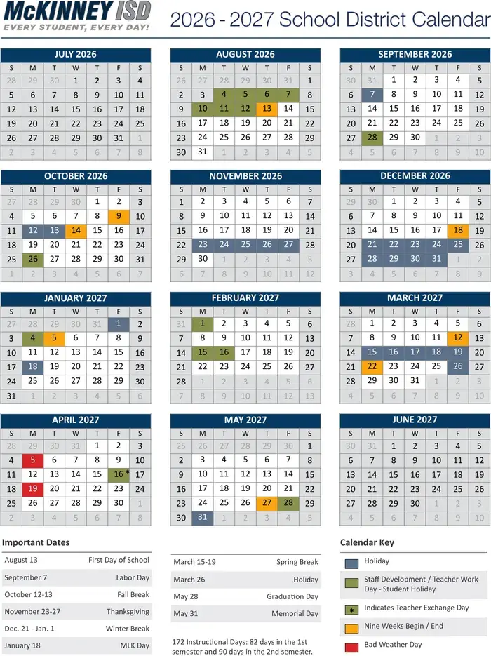 Mckinney ISD 2026–2027 academic calendar