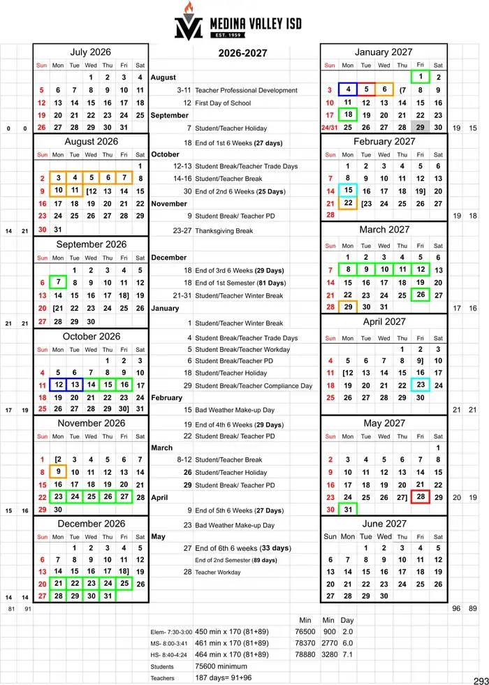 Medina Valley ISD 2026–2027 academic calendar