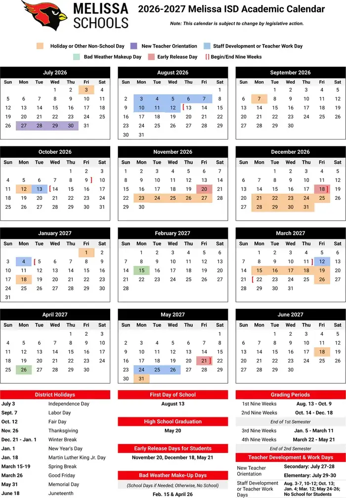 Melissa ISD 2026–2027 academic calendar