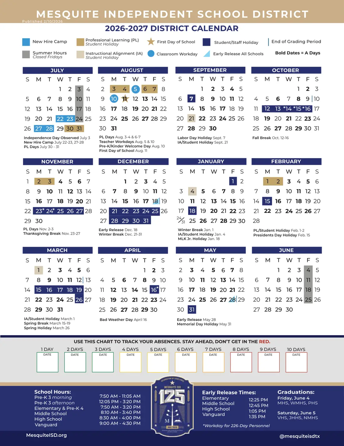 Mesquite ISD 2026–2027 academic calendar