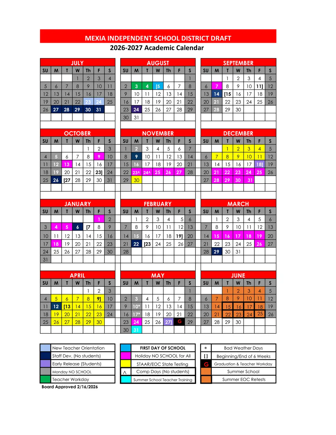 Mexia ISD 2026–2027 academic calendar