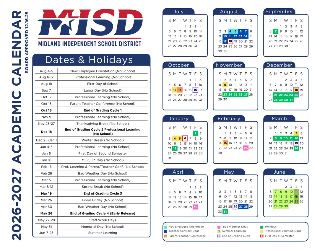 Midland ISD 2026–2027 academic calendar