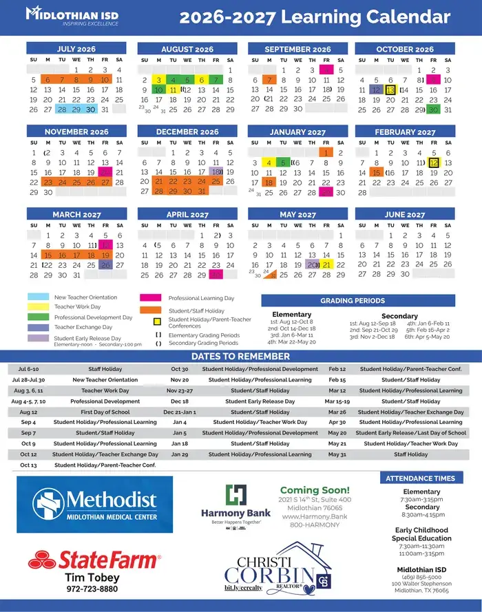 Midlothian ISD 2026–2027 academic calendar
