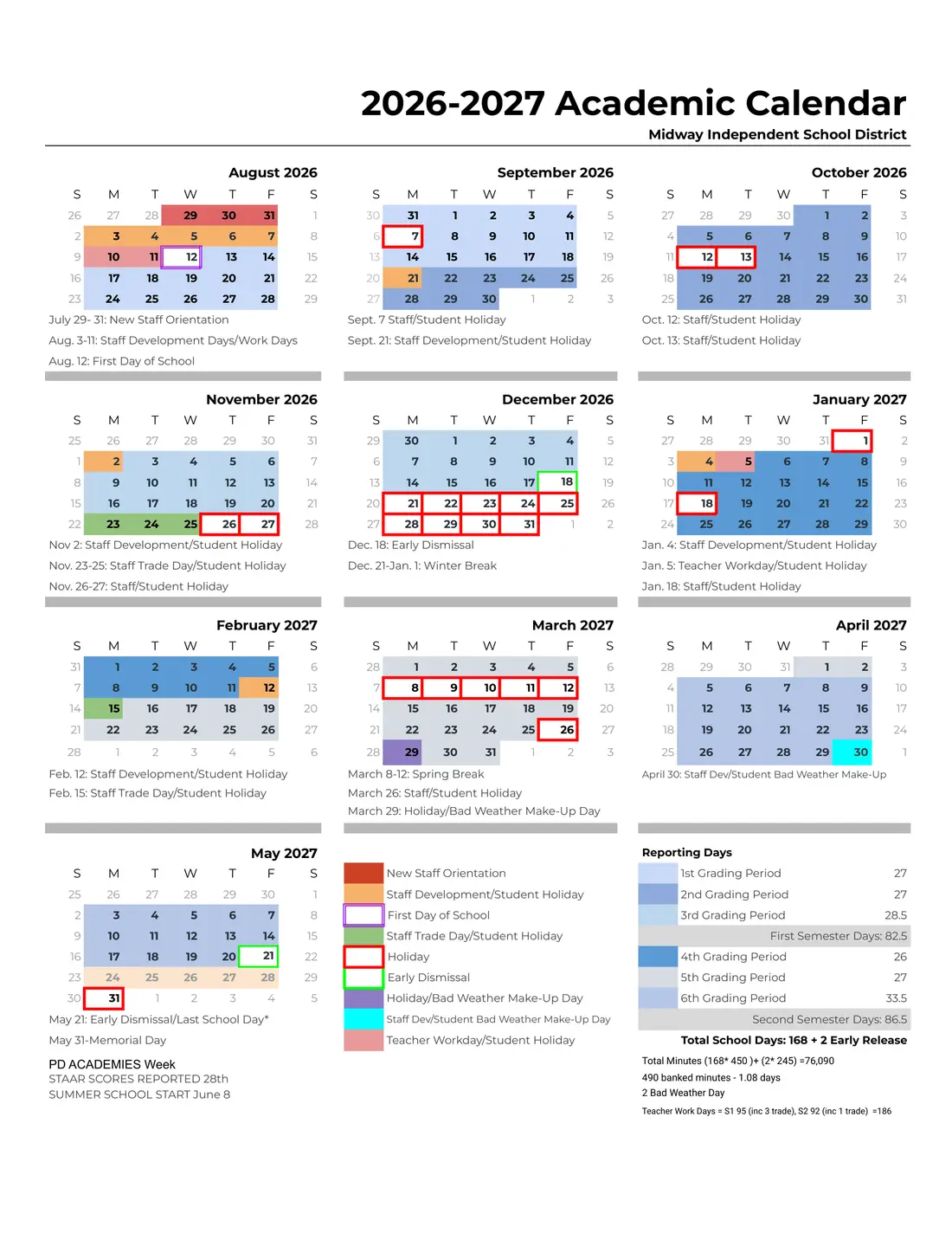 Midway ISD 2026–2027 academic calendar