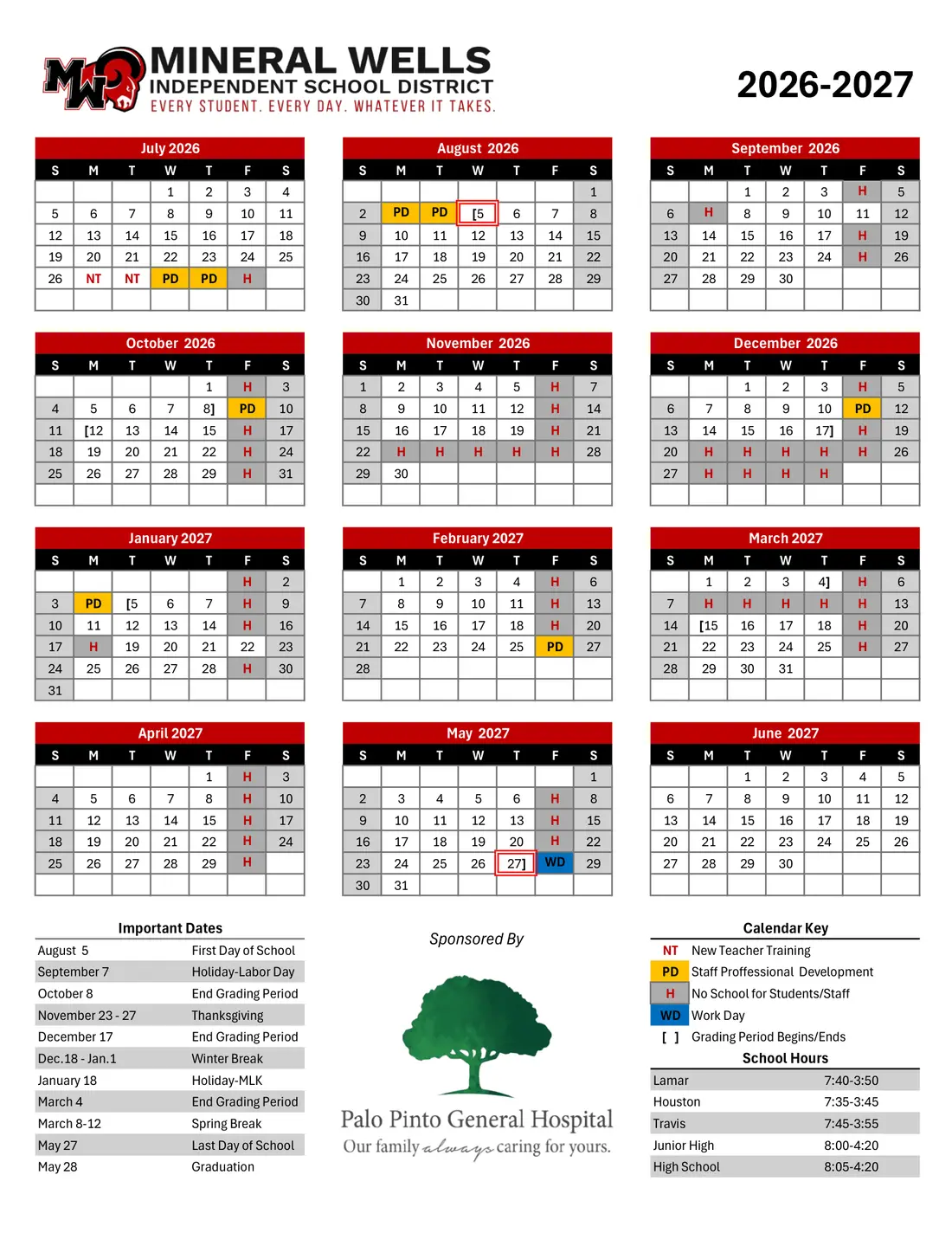 Mineral Wells ISD 2026–2027 academic calendar