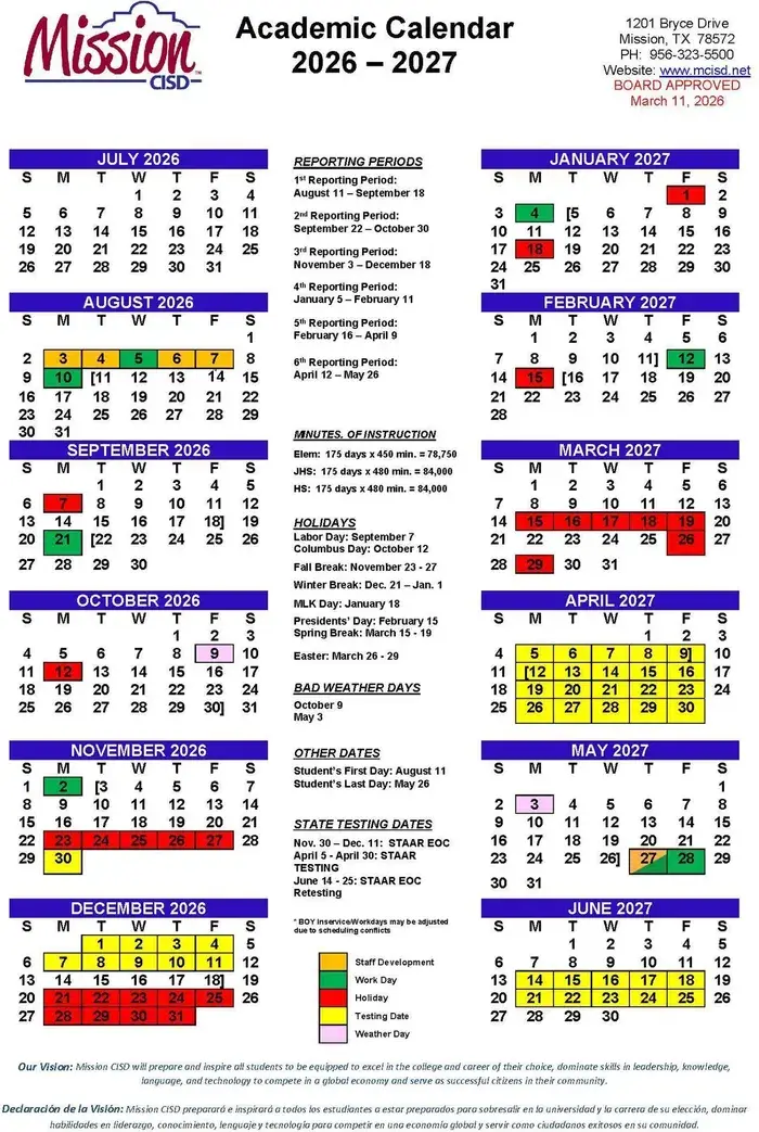 Mission CISD 2026–2027 academic calendar