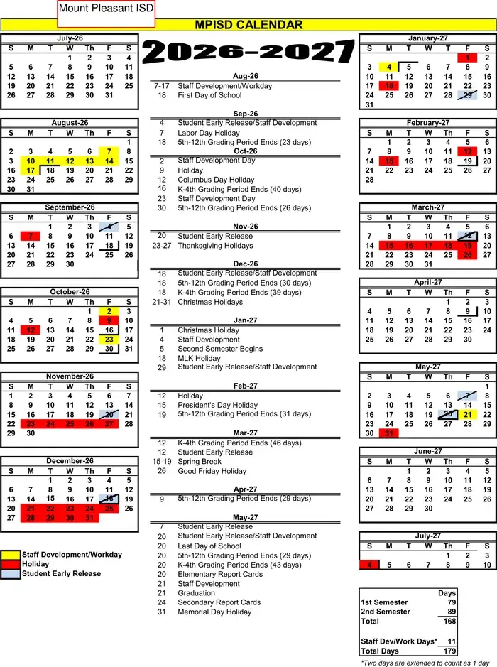 Mount Pleasant ISD 2026–2027 academic calendar