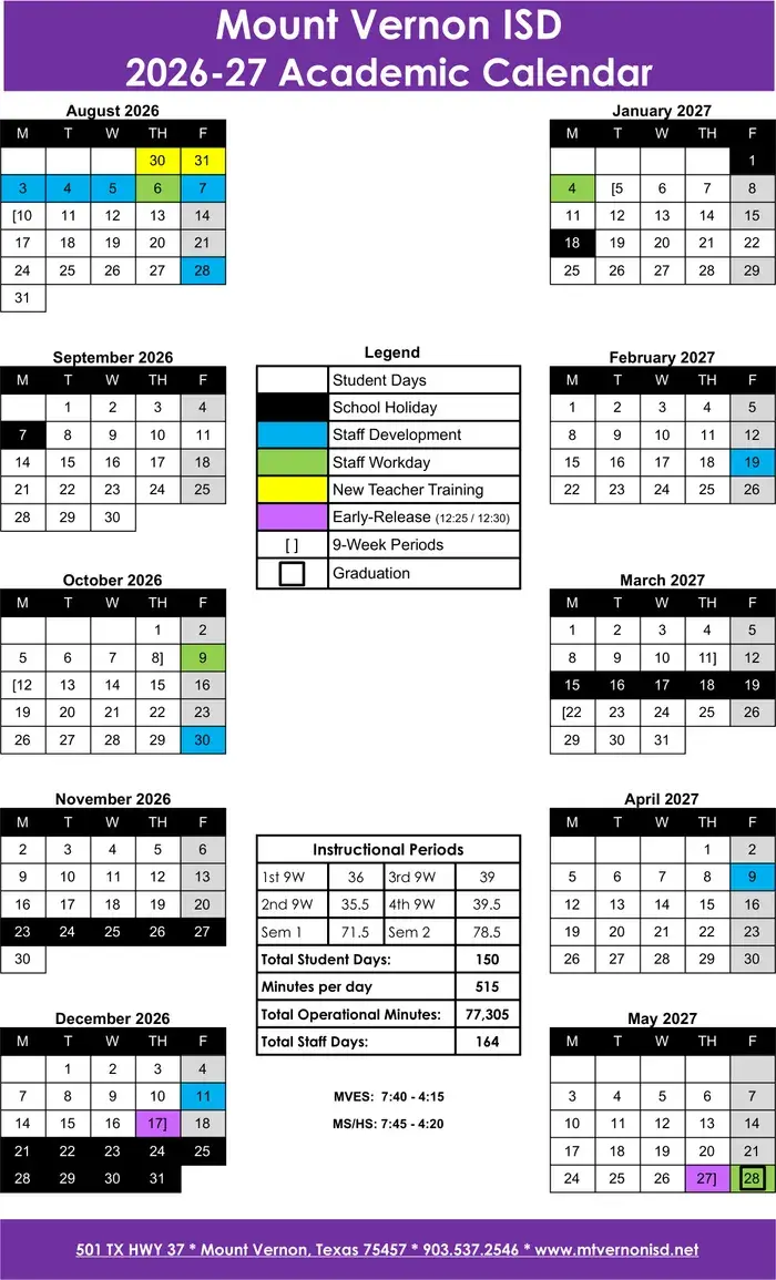 Mount Vernon ISD 2026–2027 academic calendar