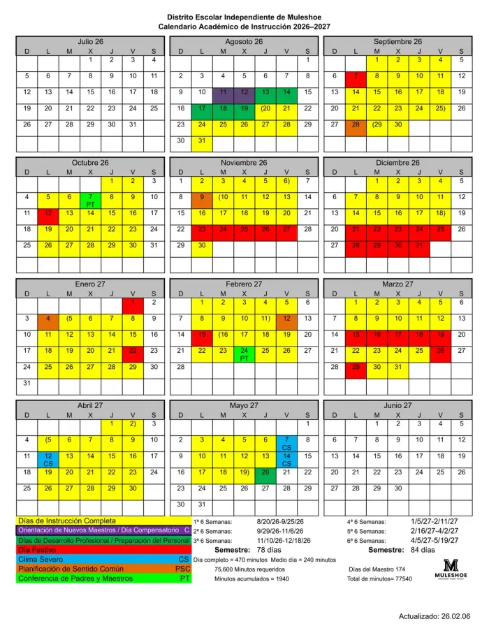 Muleshoe ISD 2026–2027 academic calendar