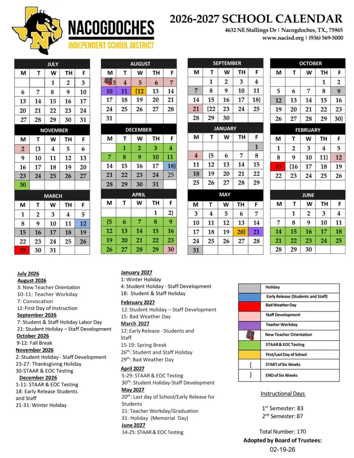 Nacogdoches ISD 2026–2027 academic calendar