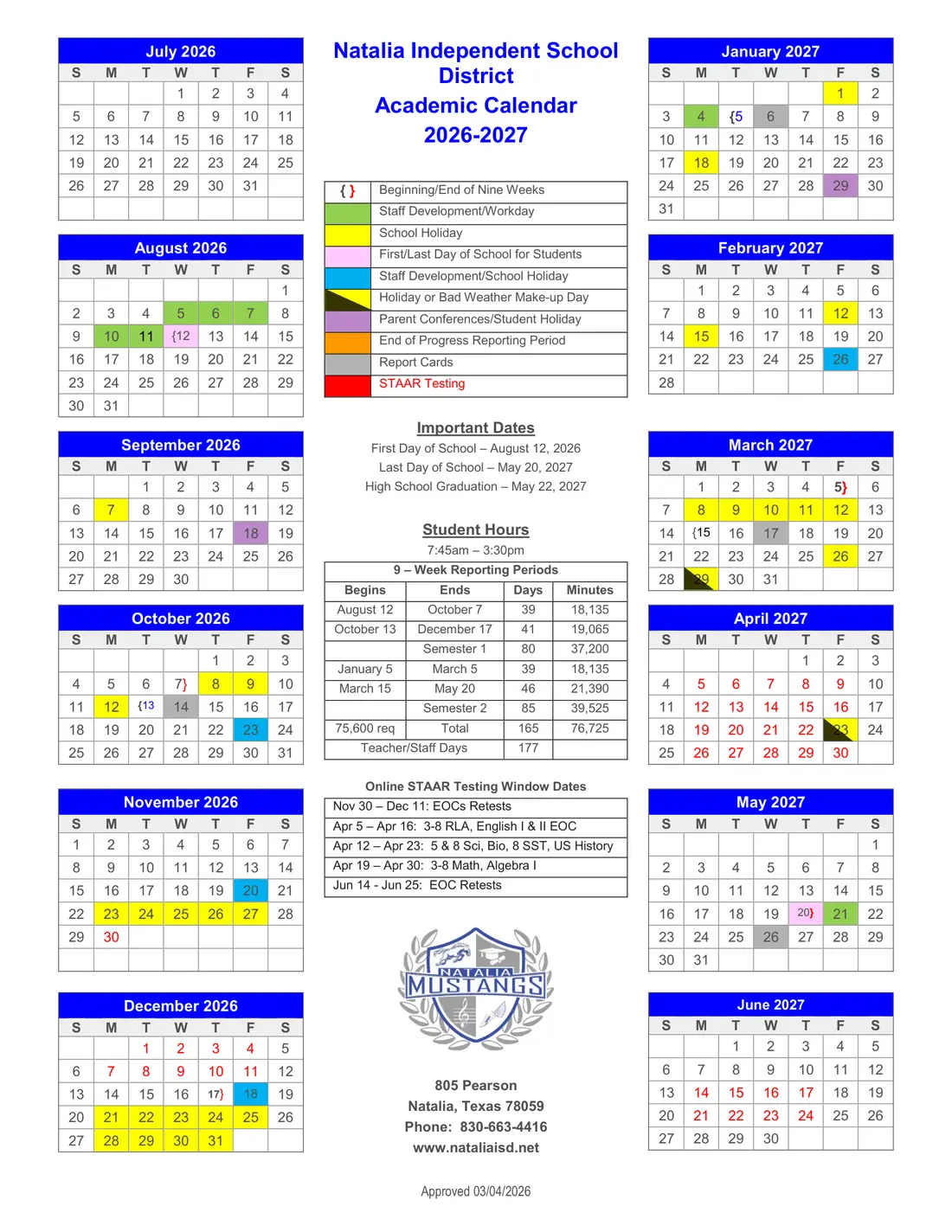 Natalia ISD 2026–2027 academic calendar
