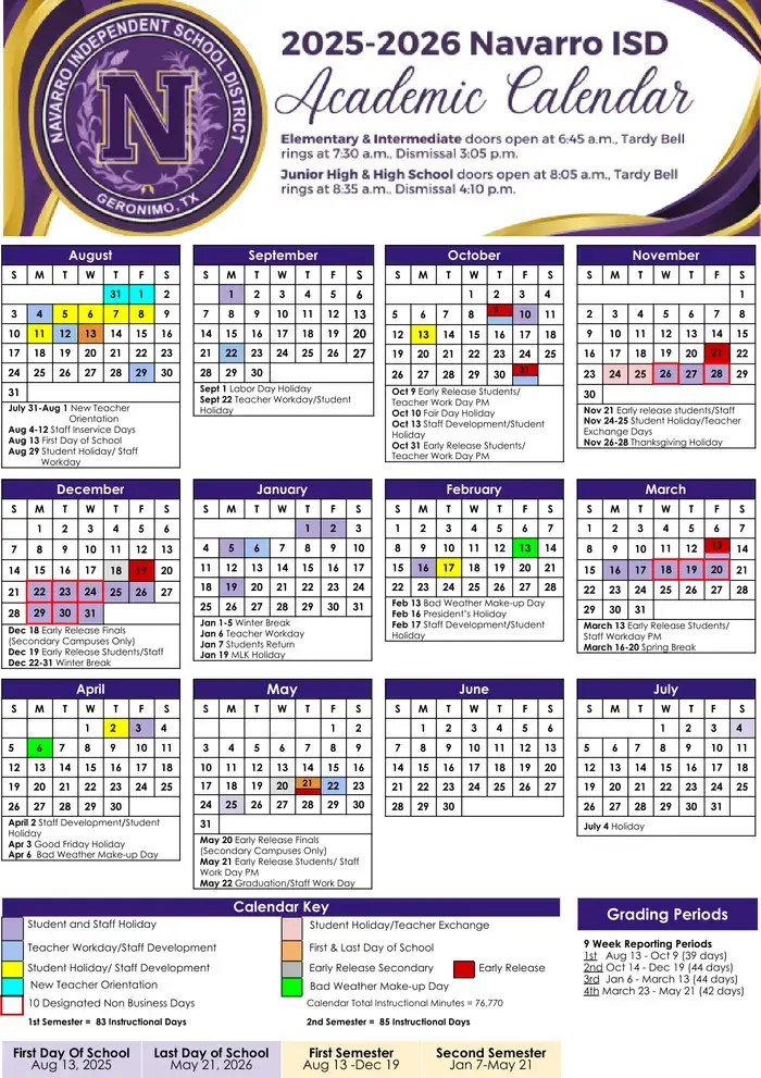 Navarro ISD 2026–2027 academic calendar