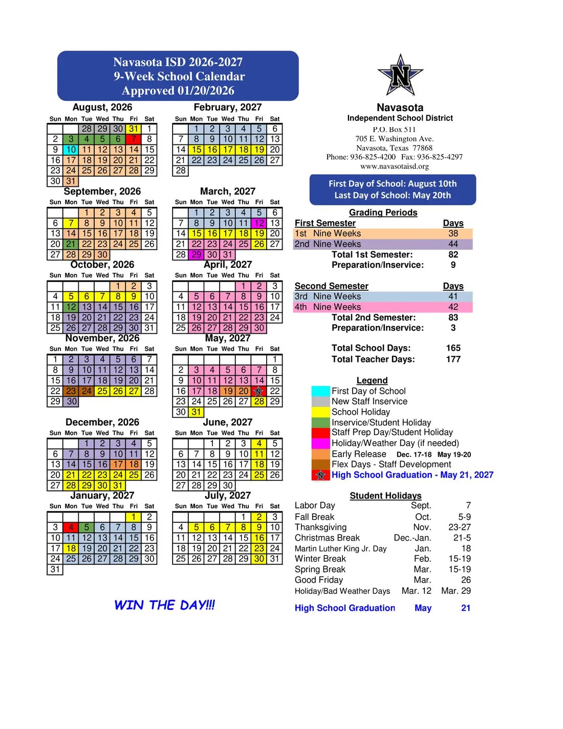 Navasota ISD 2026–2027 academic calendar