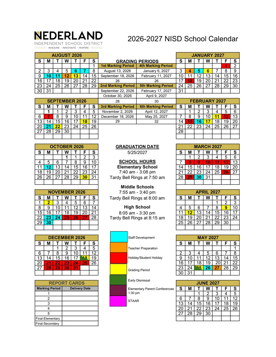 Nederland ISD 2026–2027 academic calendar