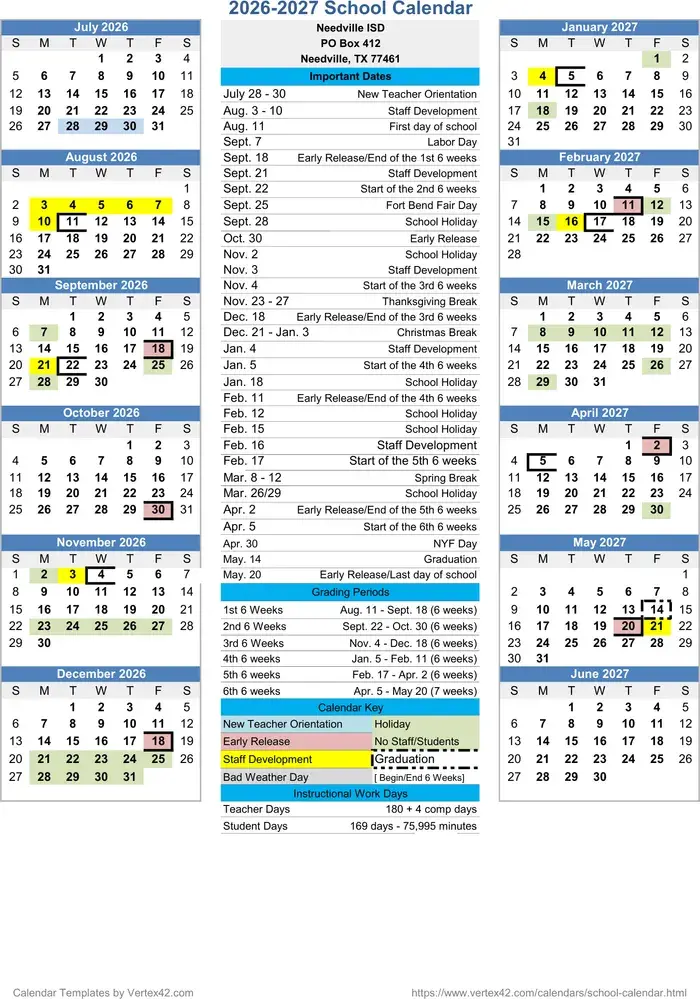 Needville ISD 2026–2027 academic calendar