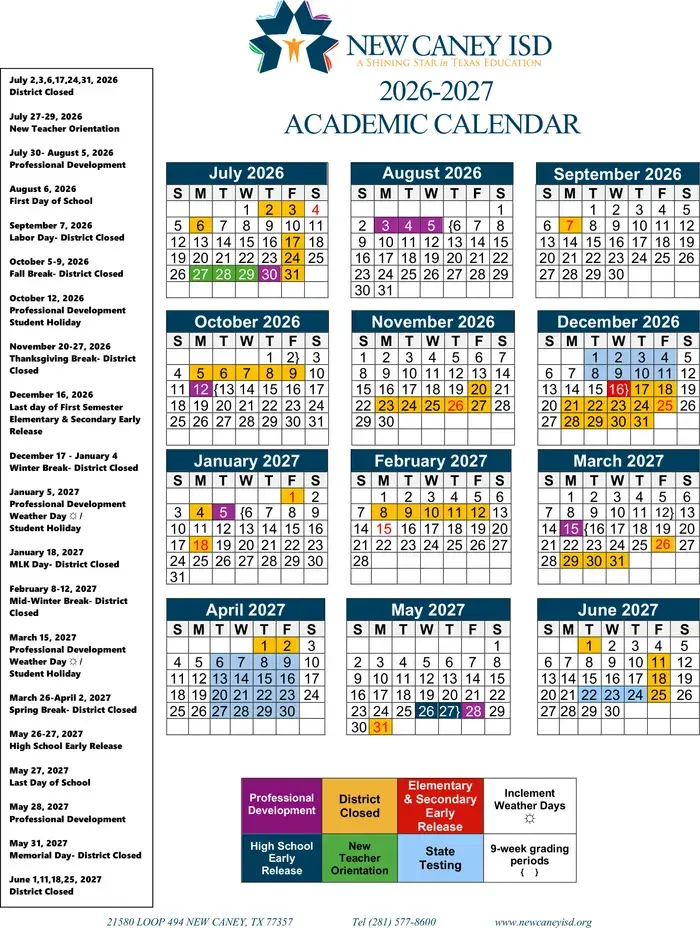 New Caney ISD 2026–2027 academic calendar
