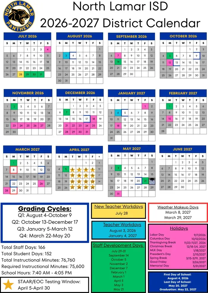 North Lamar ISD 2026–2027 academic calendar