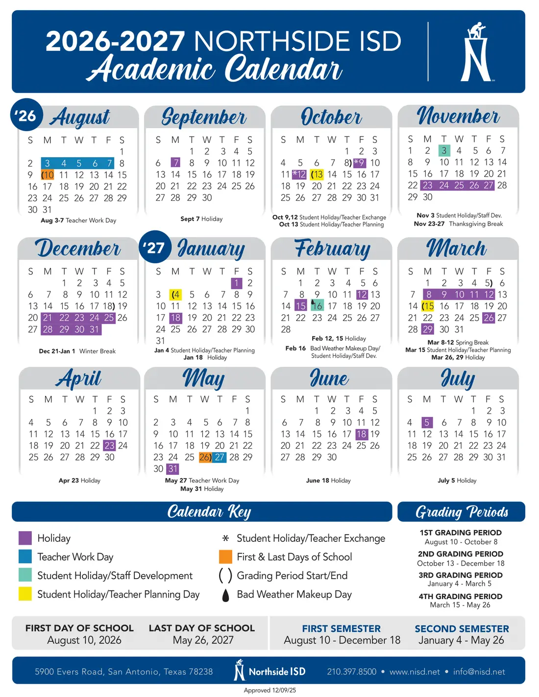 Northside ISD 2026–2027 academic calendar
