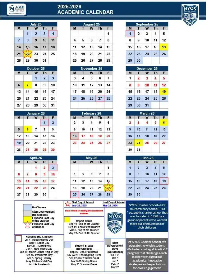 Nyos Charter School 2026–2027 academic calendar