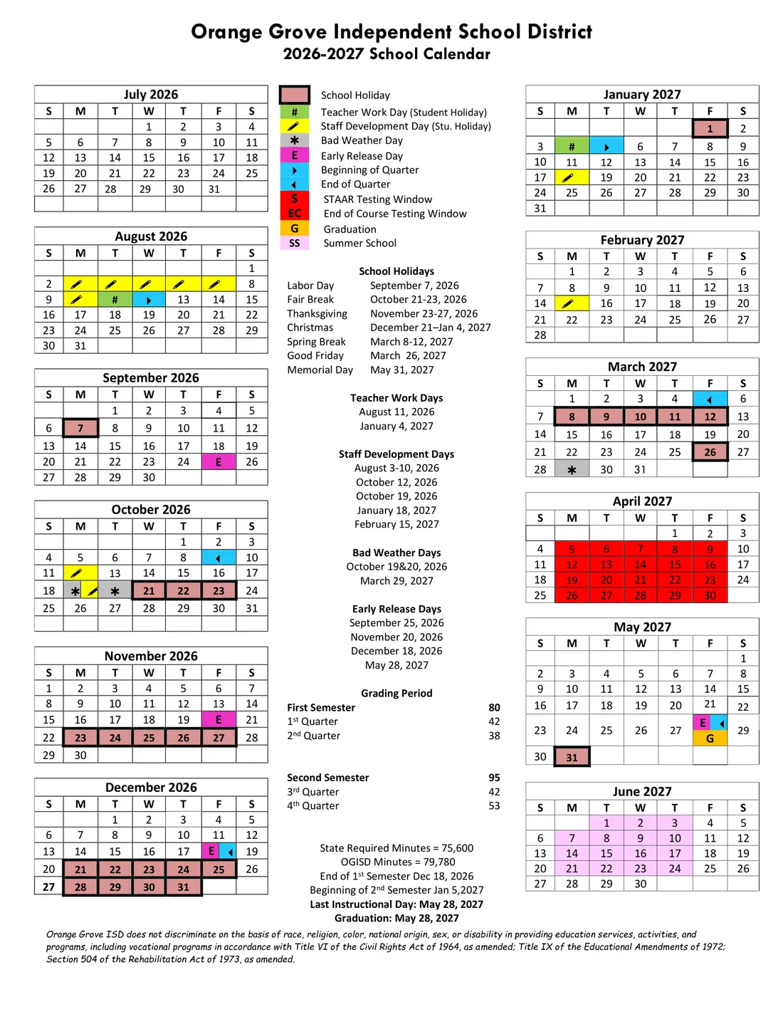 Orange Grove ISD 2026–2027 academic calendar