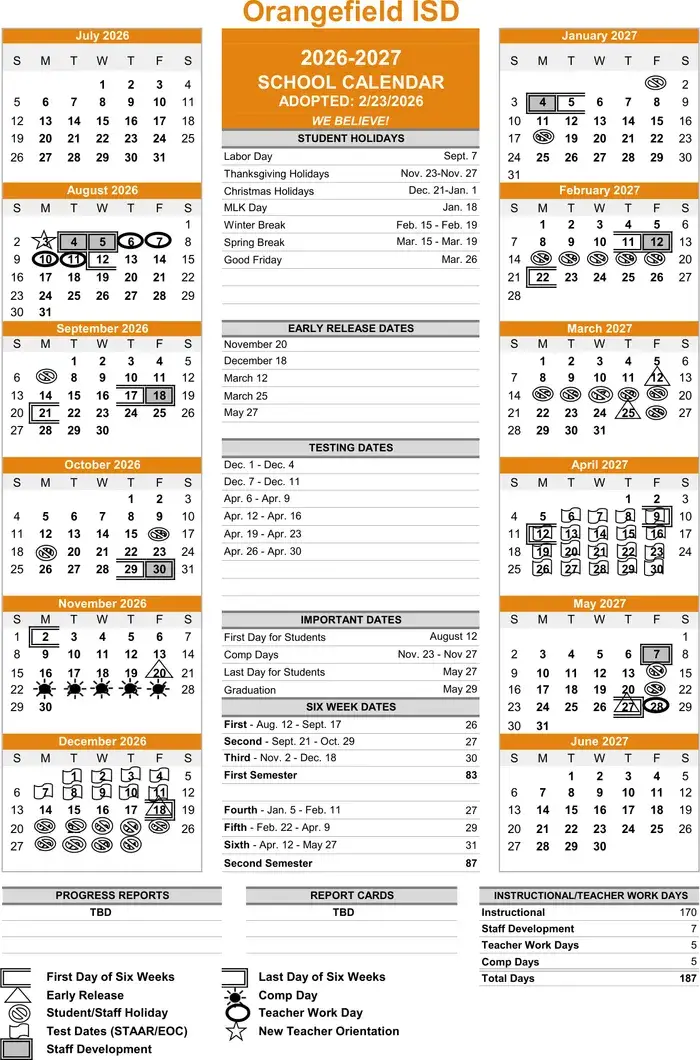 Orangefield ISD 2026–2027 academic calendar