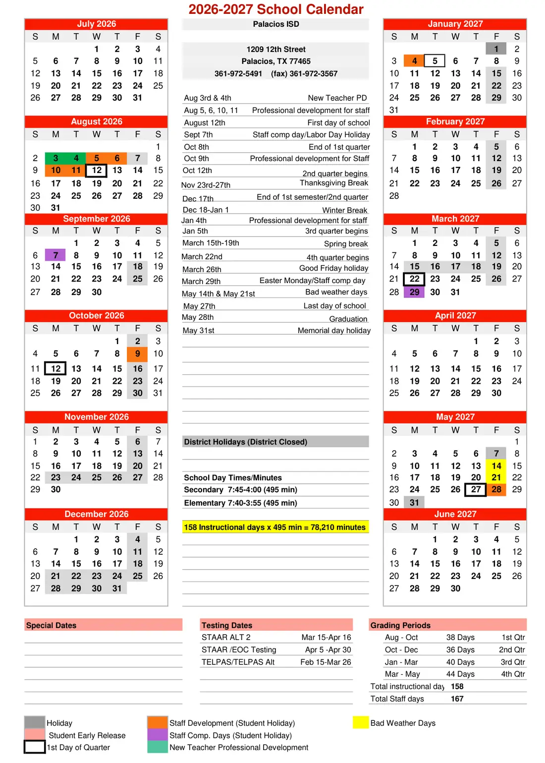 Palacios ISD 2026–2027 academic calendar