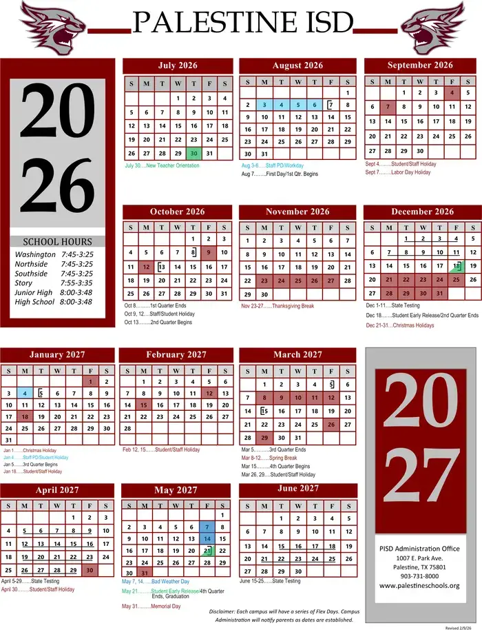 Palestine ISD 2026–2027 academic calendar