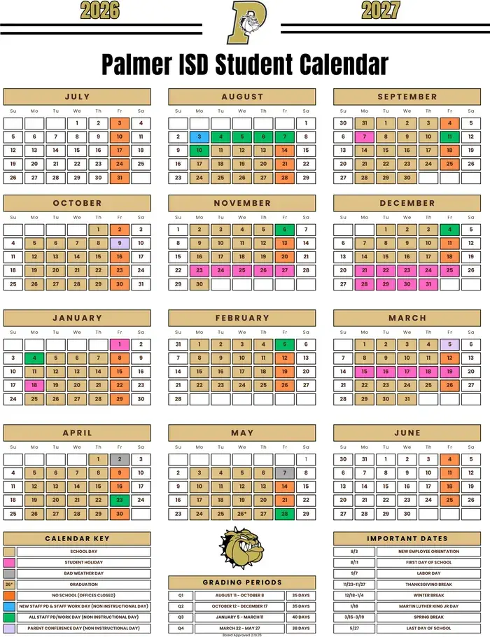 Palmer ISD 2026–2027 academic calendar