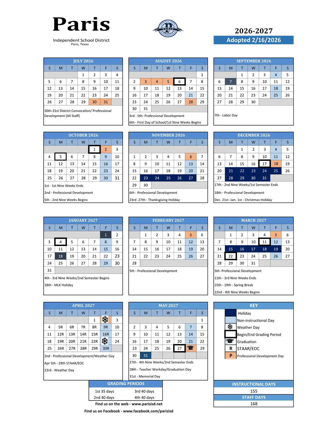 Paris ISD 2026–2027 academic calendar