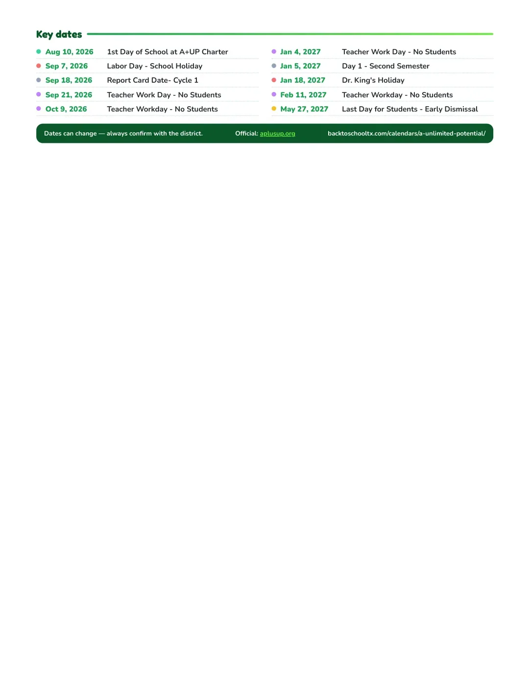 A+ Unlimited Potential Calendar for the Year 26-27 — key dates