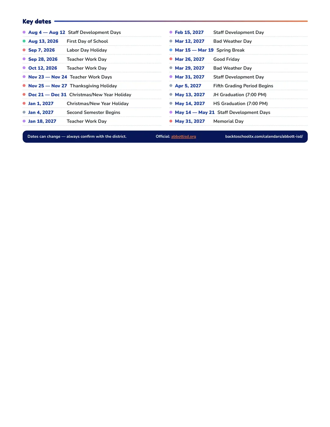 Abbott ISD Calendar for the Year 26-27 — key dates