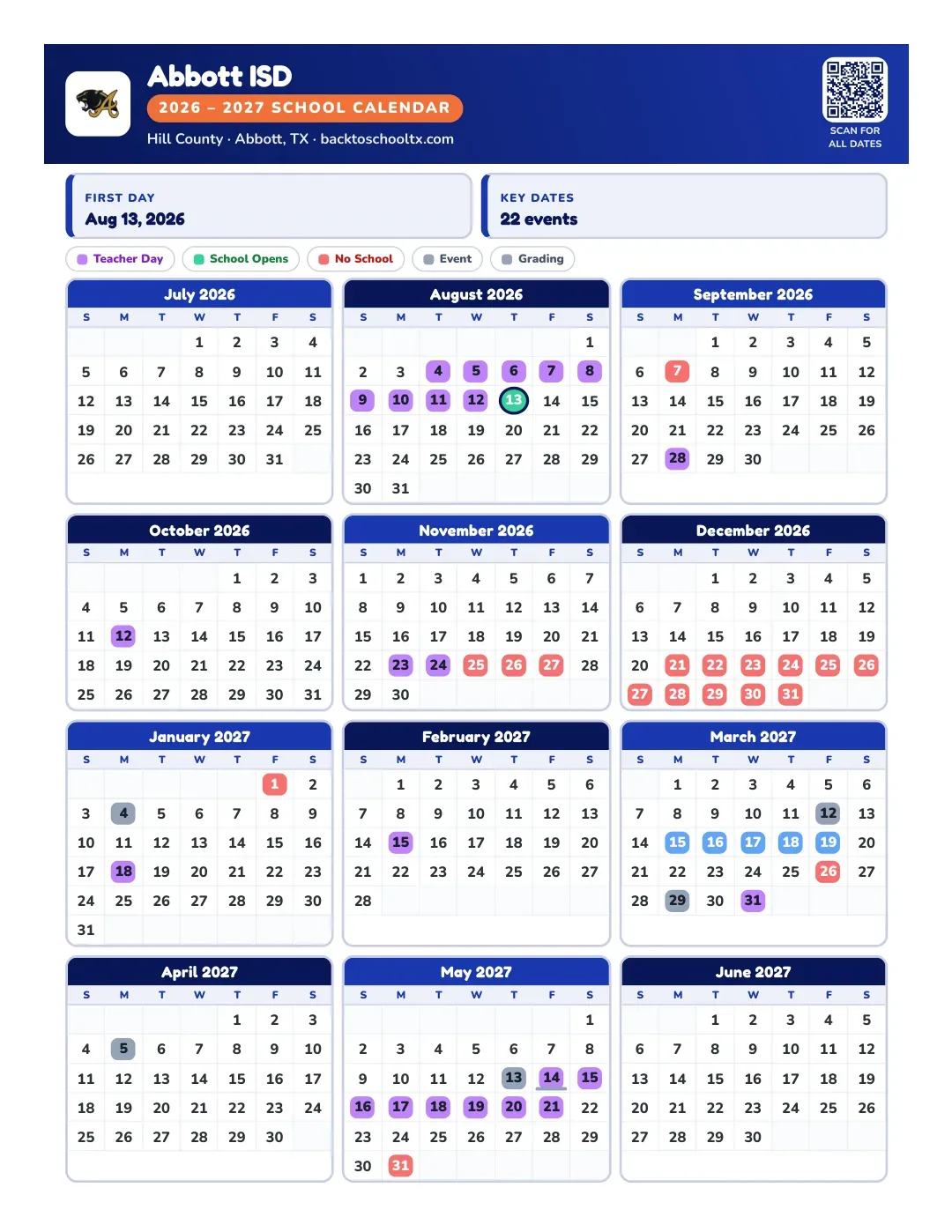 Abbott ISD Calendar for the Year 26-27