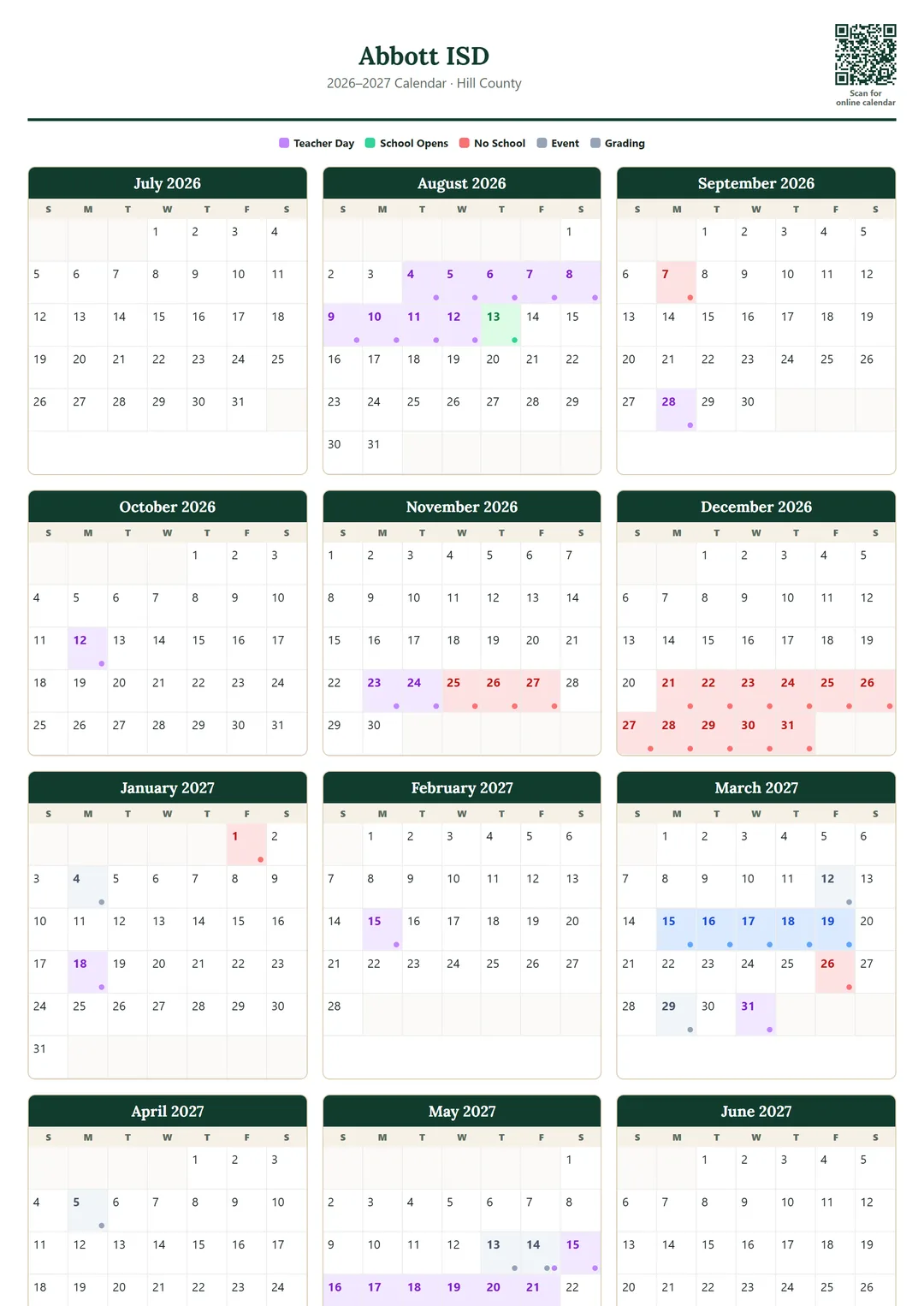 Abbott ISD printable 2026–2027 calendar