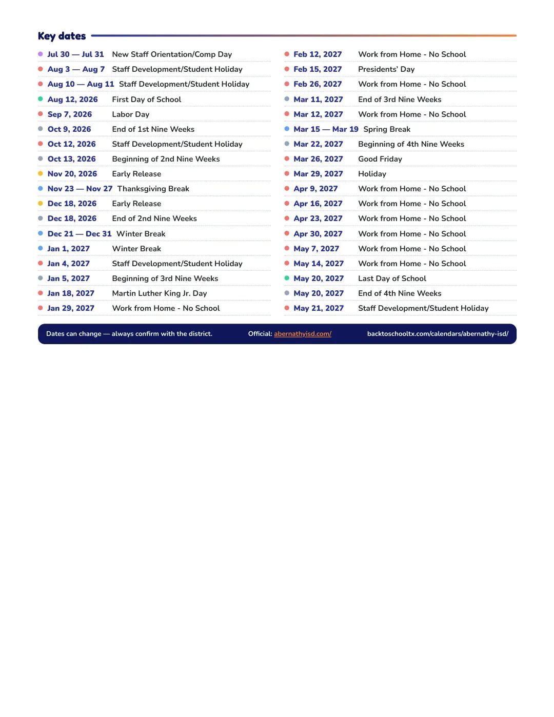 Abernathy ISD Calendar for the Year 26-27 — key dates
