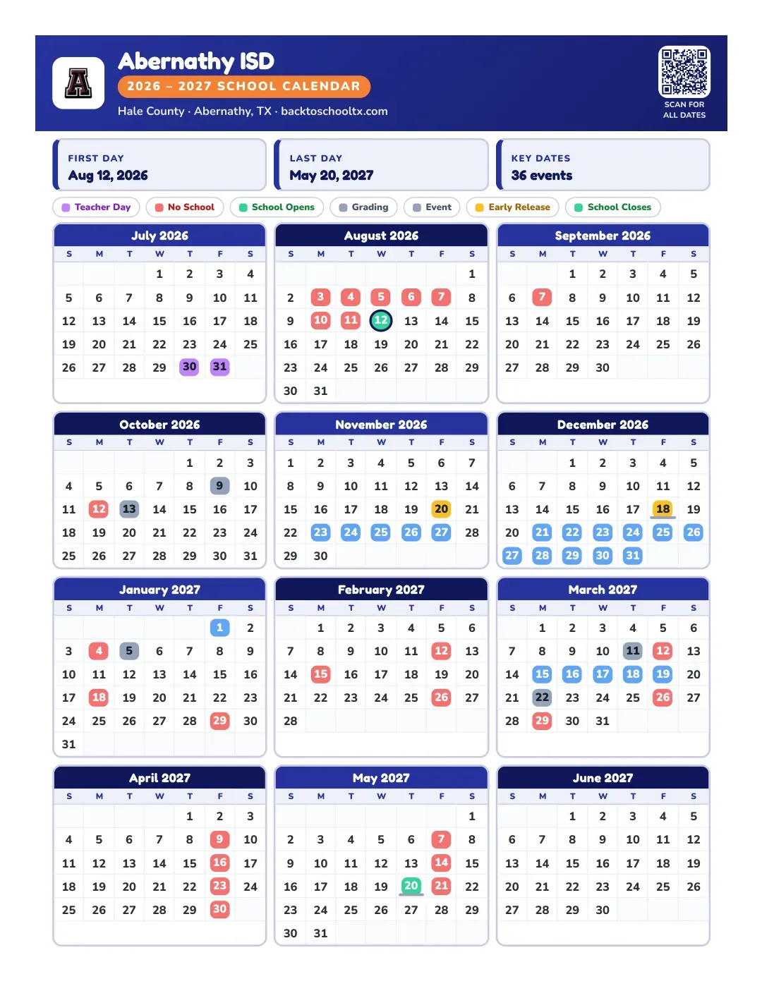 Abernathy ISD Calendar for the Year 26-27