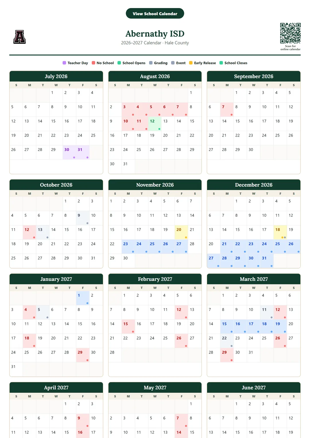 Abernathy ISD printable 2026–2027 calendar