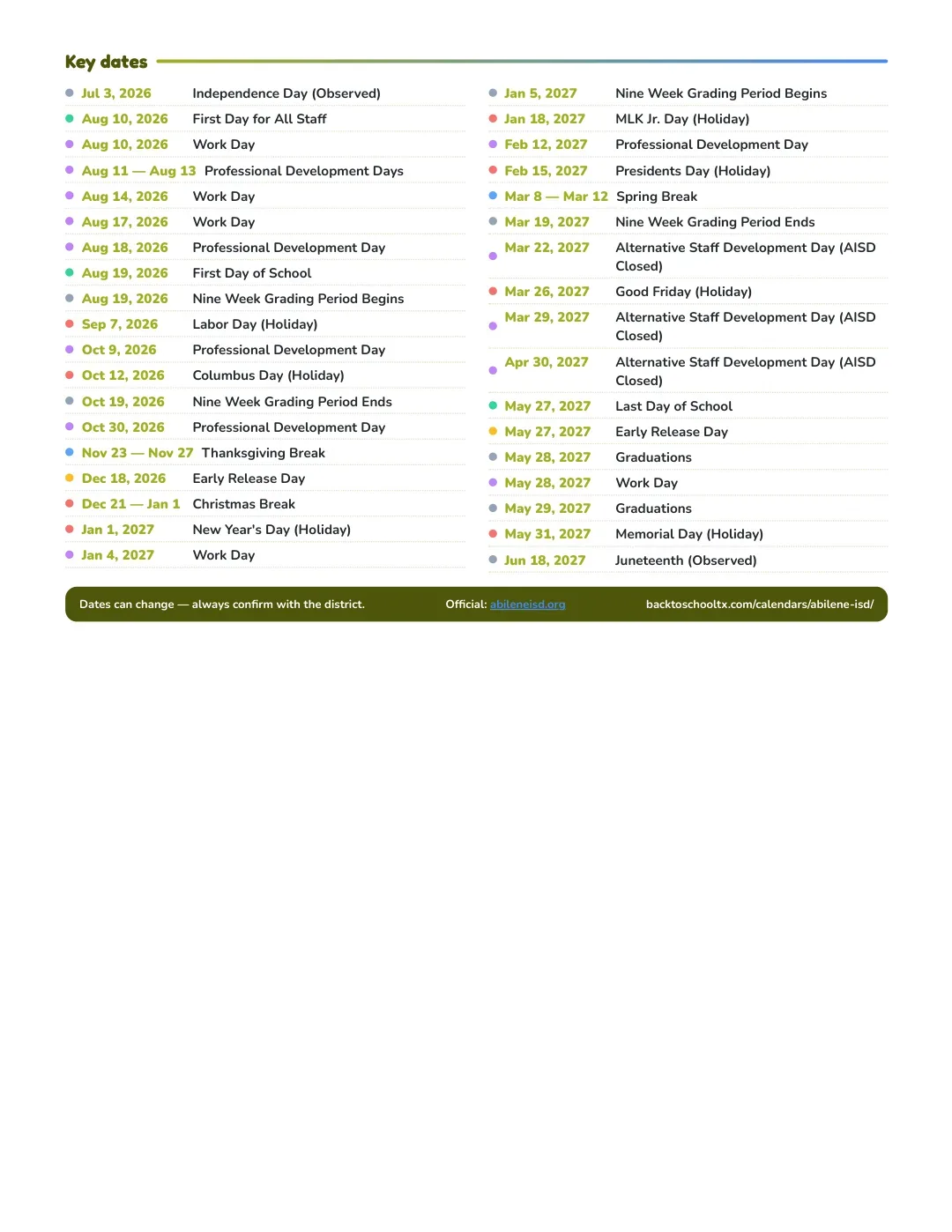 Abilene ISD Calendar for the Year 26-27 — key dates