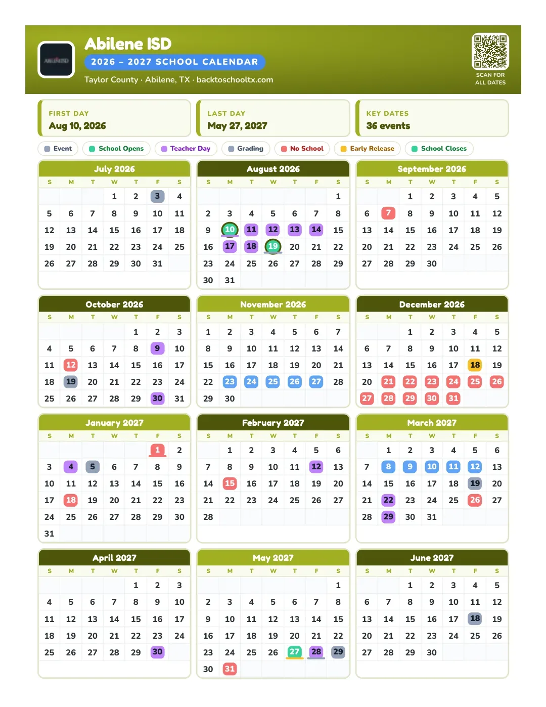 Abilene ISD Calendar for the Year 26-27