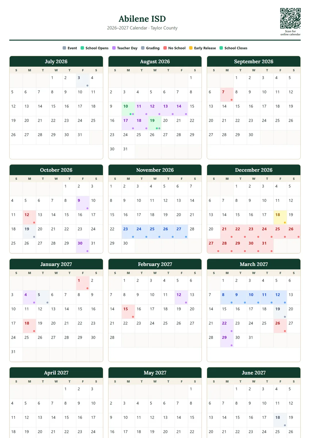 Abilene ISD printable 2026–2027 calendar