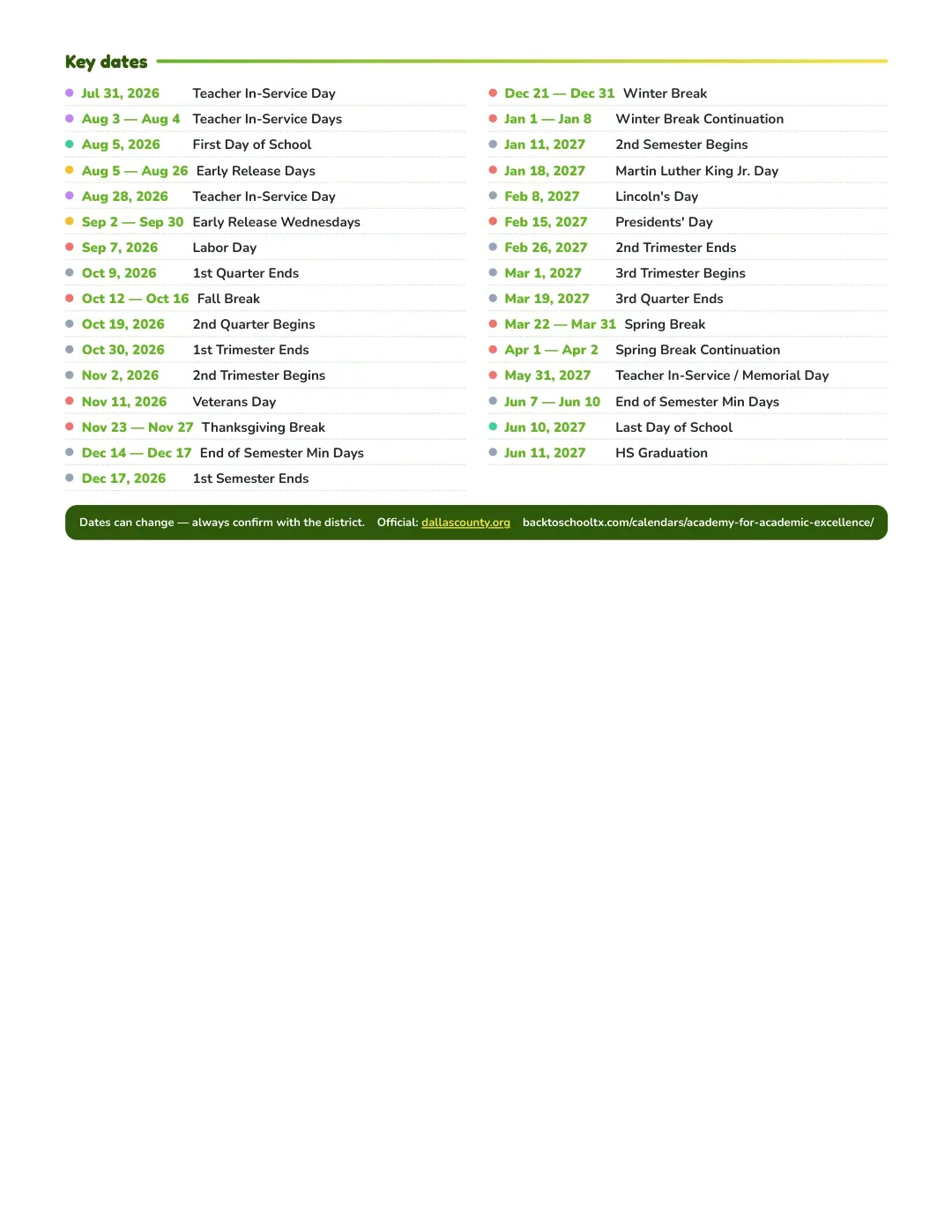 Academy For Academic Excellence Calendar for the Year 26-27 — key dates