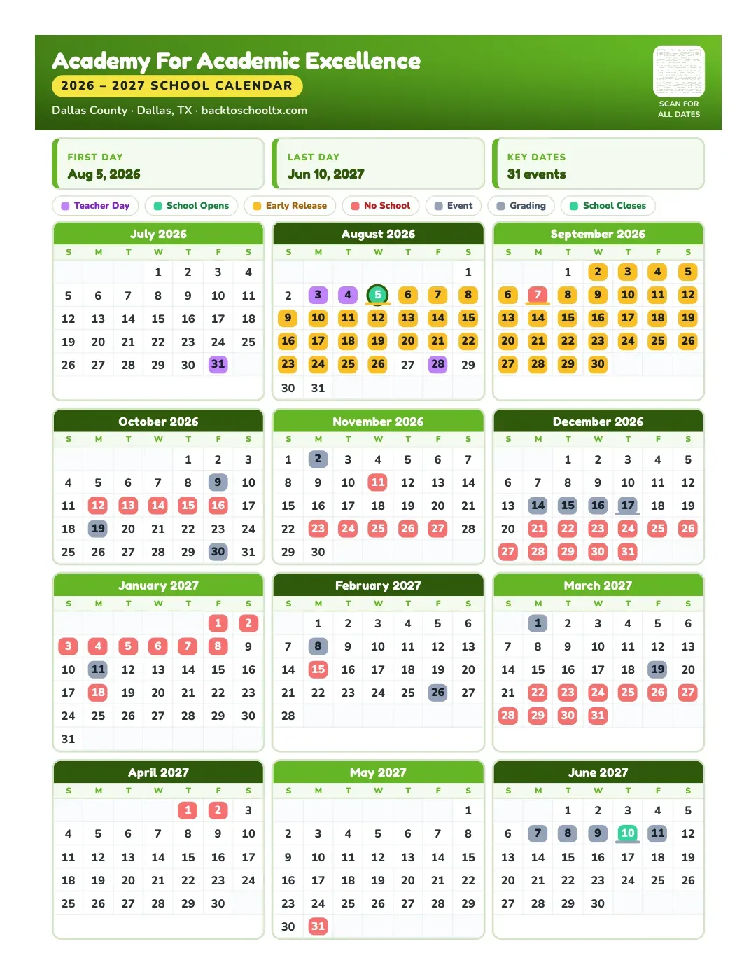 Academy For Academic Excellence Calendar for the Year 26-27
