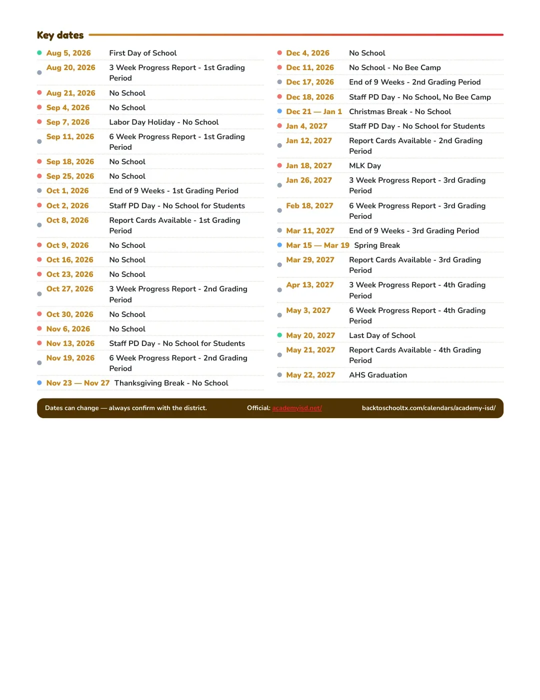 Academy ISD Calendar for the Year 26-27 — key dates